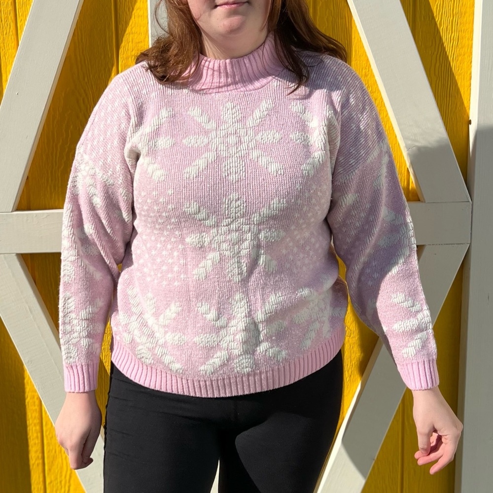 Vintage pale pink with white and silver lurex thread 80s snowflake sweater.